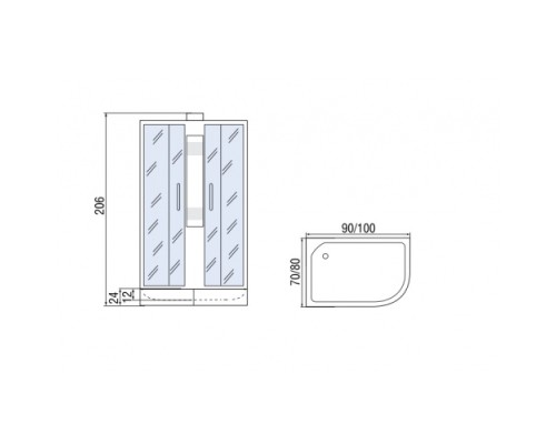 МОНОМАХ Б/К 100/70/24 МЗ R Душевая кабина, б/крыши, 1000*700*2060, асимметричная