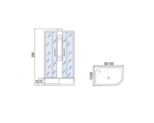 МОНОМАХ Б/К 100/80/44  МЗ R Душевая кабина, б/крыши, 1000*800*2060, асимметричная