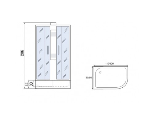 МОНОМАХ Б/К 120/80/44  МЗ R Душевая кабина, б/крыши, 1200*800*2060, асимметричная
