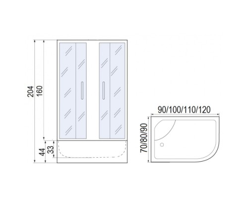 МОНОМАХ ДУ 110/80/160 МЗ L/R Душевое ограждение, 1000*800*1600, асимметричное