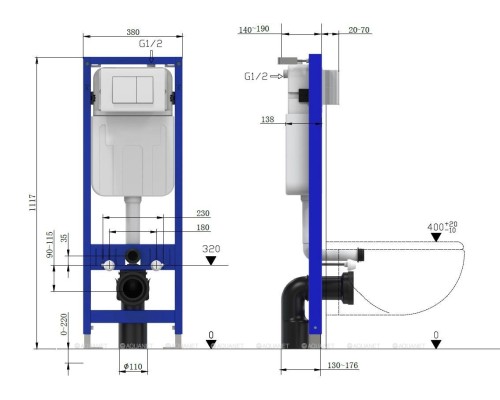 9.11102.20 PNEUMATIC SLIM Инстал. для подв. унитаза, патрубки,б/кнопки смыва 1117х138х380мм (325594)