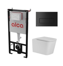 Комплект инсталляции AlcaPlast с подвесным безободковый унитазом SantiLine SL-5027 (сиденье ультратонкое микролифт) I кнопки смыва цвет черный