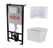 Комплект инсталляции AlcaPlast с подвесным безободковый унитазом SantiLine SL-5027 (сиденье ультратонкое микролифт) I кнопки смыва цвет хром глянец