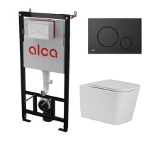 Комплект инсталляции AlcaPlast с подвесным безободковый унитазом SantiLine SL-5027 (сиденье ультратонкое микролифт) I кнопки смыва цвет черный 