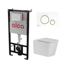 Комплект инсталляции AlcaPlast с подвесным безободковый унитазом SantiLine SL-5027MW (сиденье ультратонкое микролифт) I кнопки смыва цвет бел/хром