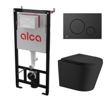 Комплект инсталляции AlcaPlast с подвесным безободковый унитазом SALZBACH 043 GL-WT (сиденье ультратонкое микролифт) I кнопки смыва цвет черный