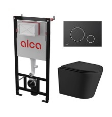 Комплект инсталляции AlcaPlast с подвесным безободковый унитазом SALZBACH 043 MT-BL (сиденье ультратонкое микролифт) I кнопки смыва цвет черный 
