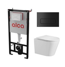Комплект инсталляции AlcaPlast с подвесным безободковый унитазом SALZBACH 043 GL-WT (сиденье ультратонкое микролифт) I кнопки смыва цвет черный 