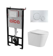 Комплект инсталляции AlcaPlast с подвесным безободковый унитазом SALZBACH 043 GL-WT (сиденье ультратонкое микролифт) I кнопки смыва цвет хром глянец