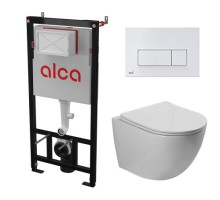 Комплект инсталляции AlcaPlast с подвесным безободковый унитазом SantiLine SL-5005 (сиденье ультратонкое микролифт) I кнопки смыва цвет белый