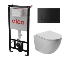 Комплект инсталляции AlcaPlast с подвесным безободковый унитазом SantiLine SL-5005 (сиденье ультратонкое микролифт) I кнопки смыва цвет черный 