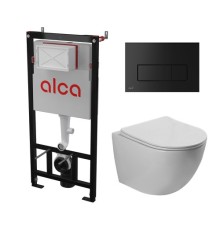 Комплект инсталляции AlcaPlast с подвесным безободковый унитазом SantiLine SL-5005 (сиденье ультратонкое микролифт) I кнопки смыва цвет черный 