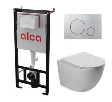 Комплект инсталляции AlcaPlast с подвесным безободковый унитазом MERZBACH 043 GL-WT (сиденье ультратонкое микролифт) I кнопки смыва цвет хром глянец