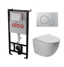 Комплект инсталляции AlcaPlast с подвесным безободковый унитазом MERZBACH 043 GL-WT (сиденье ультратонкое микролифт) I кнопки смыва цвет хром глянец