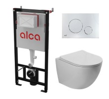 Комплект инсталляции AlcaPlast с подвесным безободковый унитазом MERZBACH 043 GL-WT (сиденье ультратонкое микролифт) I кнопки смыва цвет хром мат