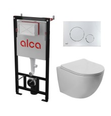 Комплект инсталляции AlcaPlast с подвесным безободковый унитазом MERZBACH 043 GL-WT (сиденье ультратонкое микролифт) I кнопки смыва цвет хром мат