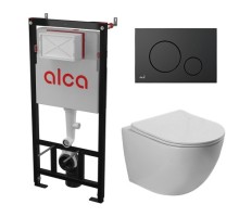 Комплект инсталляции AlcaPlast с подвесным безободковый унитазом SantiLine SL-5005 (сиденье ультратонкое микролифт) I кнопки смыва цвет черный