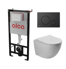 Комплект инсталляции AlcaPlast с подвесным безободковый унитазом SantiLine SL-5005 (сиденье ультратонкое микролифт) I кнопки смыва цвет черный