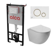 Комплект инсталляции AlcaPlast с подвесным безободковый унитазом SantiLine SL-5005 (сиденье ультратонкое микролифт) I кнопки смыва цвет бел/золотой