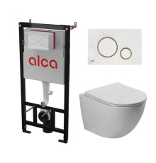 Комплект инсталляции AlcaPlast с подвесным безободковый унитазом SantiLine SL-5005 (сиденье ультратонкое микролифт) I кнопки смыва цвет бел/золотой