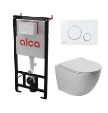 Комплект инсталляции AlcaPlast с подвесным безободковый унитазом SantiLine SL-5005 (сиденье ультратонкое микролифт) I кнопки смыва цвет бел/хром