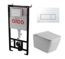 Комплект инсталляции AlcaPlast с подвесным безободковый унитазом SantiLine SL-5007 (сиденье ультратонкое микролифт) I кнопки смыва цвет белый