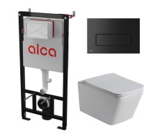 Комплект инсталляции AlcaPlast с подвесным безободковый унитазом SantiLine SL-5007 (сиденье ультратонкое микролифт) I кнопки смыва цвет черный 