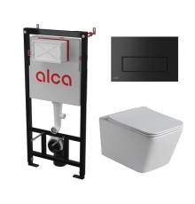 Комплект инсталляции AlcaPlast с подвесным безободковый унитазом SantiLine SL-5007 (сиденье ультратонкое микролифт) I кнопки смыва цвет черный 