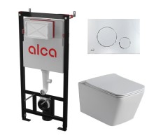 Комплект инсталляции AlcaPlast с подвесным безободковый унитазом SantiLine SL-5007 (сиденье ультратонкое микролифт) I кнопки смыва цвет хром глянец 