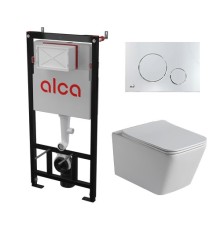 Комплект инсталляции AlcaPlast с подвесным безободковый унитазом SantiLine SL-5007 (сиденье ультратонкое микролифт) I кнопки смыва цвет хром глянец 