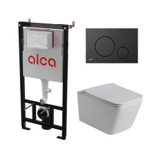 Комплект инсталляции AlcaPlast с подвесным безободковый унитазом SantiLine SL-5007 (сиденье ультратонкое микролифт) I кнопки смыва цвет черный