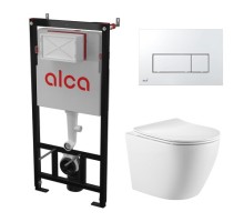 Комплект инсталляции AlcaPlast с подвесным безободковый унитазом SantiLine SL-5025 (сиденье ультратонкое микролифт) I кнопки смыва цвет хром