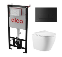 Комплект инсталляции AlcaPlast с подвесным безободковый унитазом SantiLine SL-5025 (сиденье ультратонкое микролифт) I кнопки смыва цвет черный 