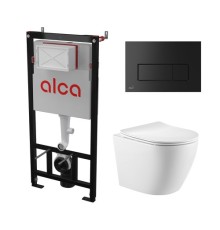 Комплект инсталляции AlcaPlast с подвесным безободковый унитазом SantiLine SL-5025 (сиденье ультратонкое микролифт) I кнопки смыва цвет черный 