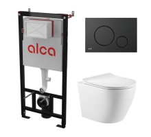 Комплект инсталляции AlcaPlast с подвесным безободковый унитазом SantiLine SL-5025 (сиденье ультратонкое микролифт) I кнопки смыва цвет черный