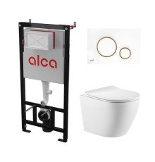 Комплект инсталляции AlcaPlast с подвесным безободковый унитазом SantiLine SL-5025MW (сиденье ультратонкое микролифт) I кнопки смыва цвет бел/золотой