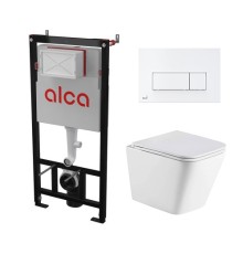 Комплект инсталляции AlcaPlast с подвесным безободковый унитазом GELBACH 043 GL-WT (сиденье ультратонкое микролифт) I кнопки смыва цвет хром