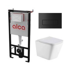 Комплект инсталляции AlcaPlast с подвесным безободковый унитазом GELBACH 043 GL-WT (сиденье ультратонкое микролифт) I кнопки смыва цвет черный 