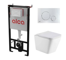 Комплект инсталляции AlcaPlast с подвесным безободковый унитазом GELBACH 043 GL-WT (сиденье ультратонкое микролифт) I кнопки смыва цвет хром глянец