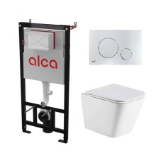 Комплект инсталляции AlcaPlast с подвесным безободковый унитазом GELBACH 043 GL-WT (сиденье ультратонкое микролифт) I кнопки смыва цвет хром глянец
