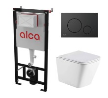Комплект инсталляции AlcaPlast с подвесным безободковый унитазом GELBACH 043 GL-WT (сиденье ультратонкое микролифт) I кнопки смыва цвет черный