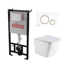 Комплект инсталляции AlcaPlast с подвесным безободковый унитазом GELBACH 043 GL-WT (сиденье ультратонкое микролифт) I кнопки смыва цвет бел/золотой