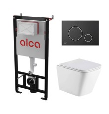 Комплект инсталляции AlcaPlast с подвесным безободковый унитазом GELBACH 043 GL-WT (сиденье ультратонкое микролифт) I кнопки смыва цвет черный/золото