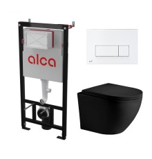 Комплект инсталляции AlcaPlast с подвесным безободковый унитазом MERZBACH 043 MT-BL (сиденье ультратонкое микролифт) I кнопки смыва цвет хром