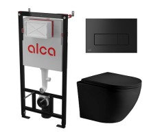 Комплект инсталляции AlcaPlast с подвесным безободковый унитазом MERZBACH 043 MT-BL (сиденье ультратонкое микролифт) I кнопки смыва цвет черный 