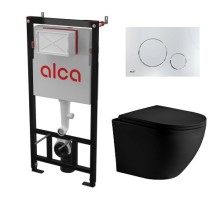 Комплект инсталляции AlcaPlast с подвесным безободковый унитазом MERZBACH 043 MT-BL (сиденье ультратонкое микролифт) I кнопки смыва цвет хром глянец