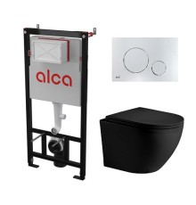 Комплект инсталляции AlcaPlast с подвесным безободковый унитазом MERZBACH 043 MT-BL (сиденье ультратонкое микролифт) I кнопки смыва цвет хром глянец