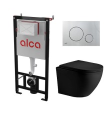 Комплект инсталляции AlcaPlast с подвесным безободковый унитазом MERZBACH 043 MT-BL (сиденье ультратонкое микролифт) I кнопки смыва цвет хром мат