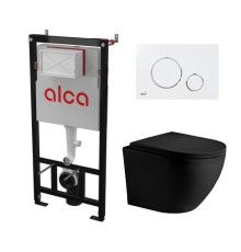 Комплект инсталляции AlcaPlast с подвесным безободковый унитазом MERZBACH 043 MT-BL (сиденье ультратонкое микролифт) I кнопки смыва цвет бел/хром