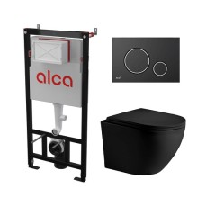 Комплект инсталляции AlcaPlast с подвесным безободковый унитазом MERZBACH 043 MT-BL (сиденье ультратонкое микролифт) I кнопки смыва цвет черный 